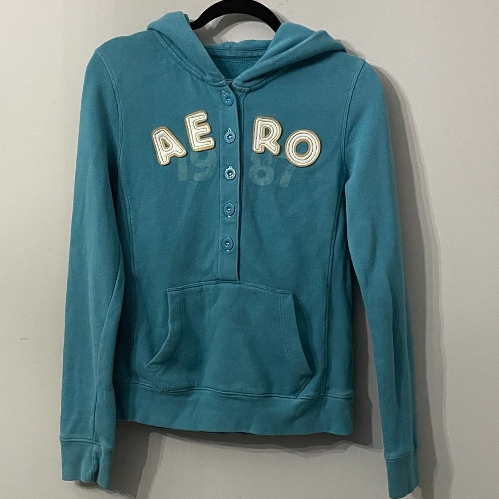 Aeropostale blue half button down front big logo casual preppy hoodie; M